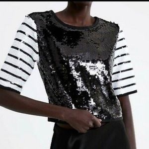 ZARA Limited Edition Black/White Sequin Open Tie-Back Top